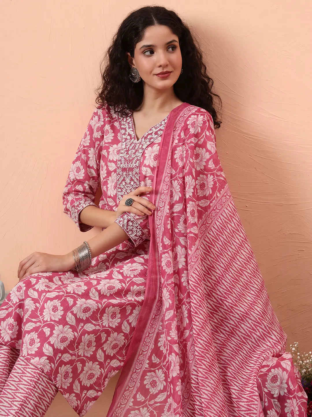 Yufta Lavender Pure Cotton Straight Floral,Kantha Work Kurta Pant Set | Grocsy