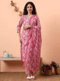 Yufta Lavender Pure Cotton Straight Floral,Kantha Work Kurta Pant Set | Grocsy