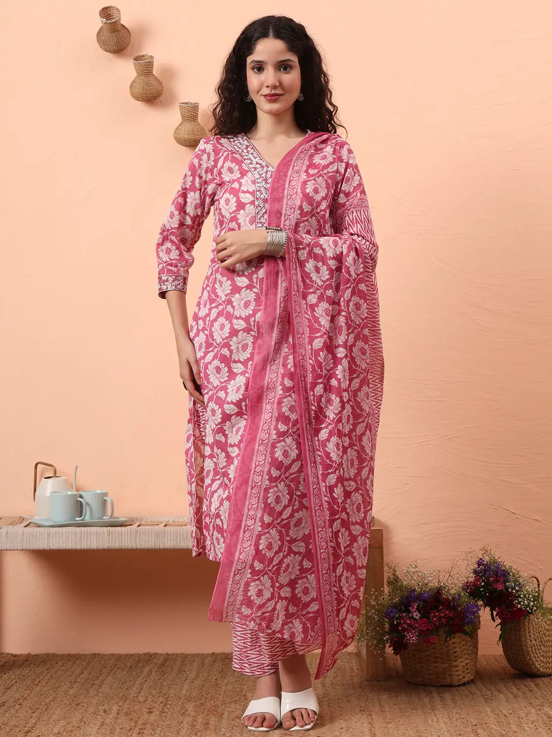 Yufta Lavender Pure Cotton Straight Floral,Kantha Work Kurta Pant Set | Grocsy