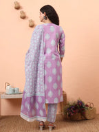 Yufta Lavender Straight Ethnic Motifs Zari Kurta Trouser Dupatta Set | Grocsy