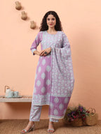 Yufta Lavender Straight Ethnic Motifs Zari Kurta Trouser Dupatta Set | Grocsy