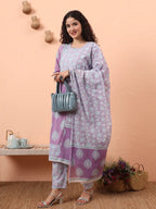 Yufta Lavender Straight Ethnic Motifs Zari Kurta Trouser Dupatta Set | Grocsy