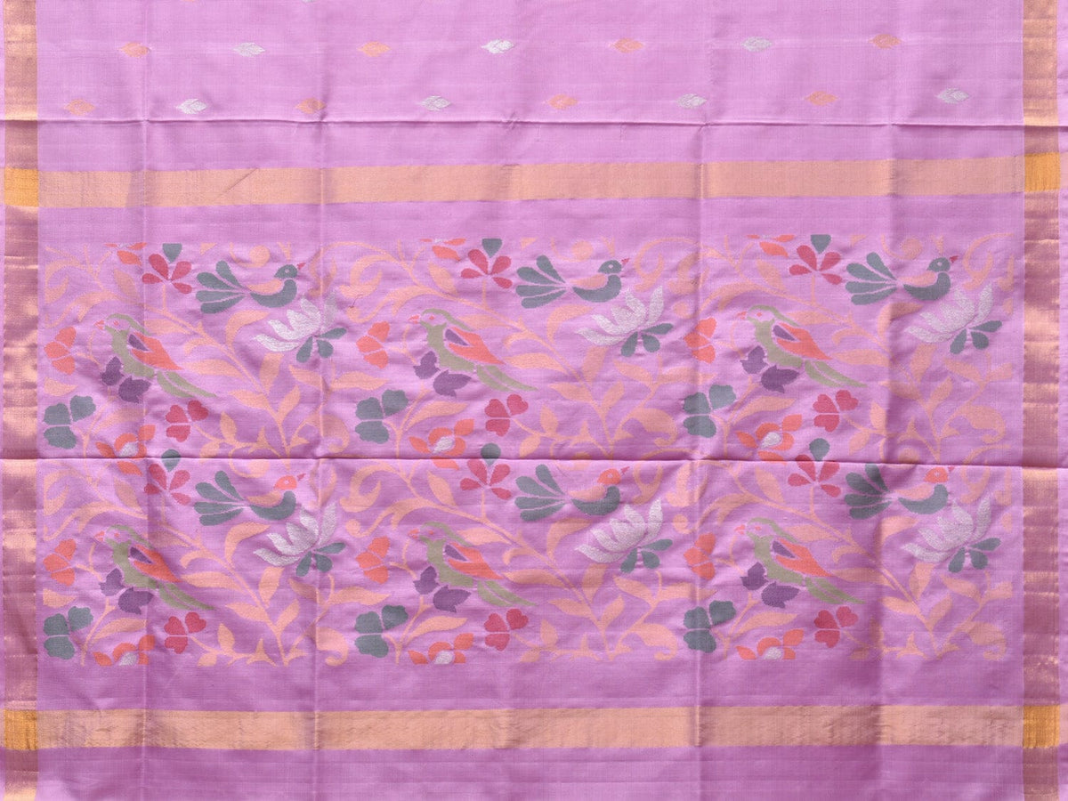 Lavender Uppada Silk Handloom Saree with Birds and Floral Pallu Design - Global Threads | Grocsy