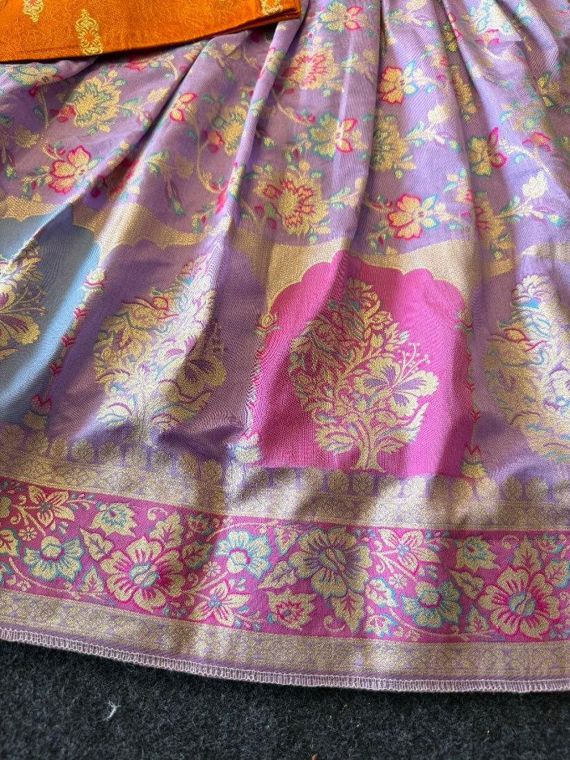 Evanik Festive Wear Lavender Dola Silk zari and thread weaving Gown With Orange Koti | Grocsy