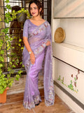Evanik Leno Net Organza Embroidered Work Saree With Unstitched Blouse | Grocsy
