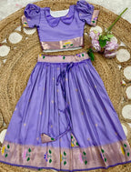 Evanik Purple Soft Silk Paithani Design Zari Weaving Pavadai Lehenga Choli For Kids | Grocsy