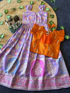 Evanik Festive Wear Lavender Dola Silk zari and thread weaving Gown With Orange Koti | Grocsy