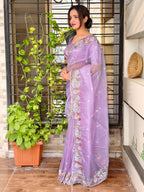 Evanik Leno Net Organza Embroidered Work Saree With Unstitched Blouse | Grocsy