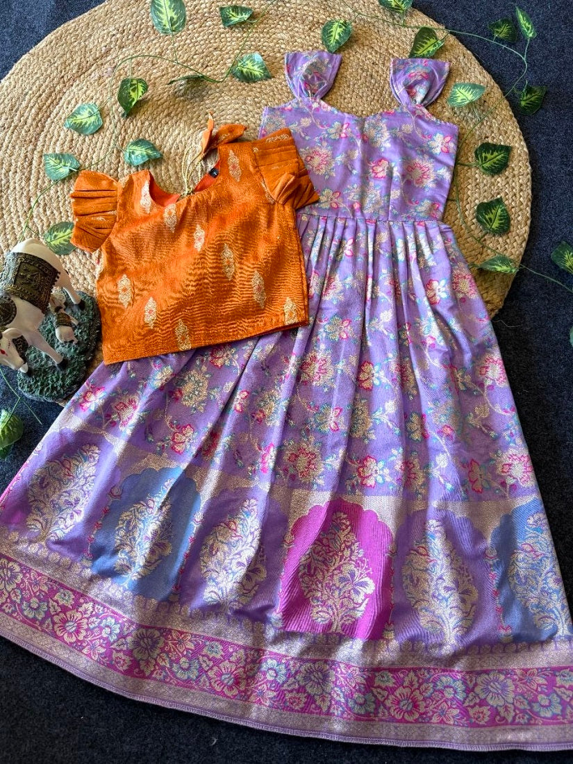 Evanik Festive Wear Lavender Dola Silk zari and thread weaving Gown With Orange Koti | Grocsy