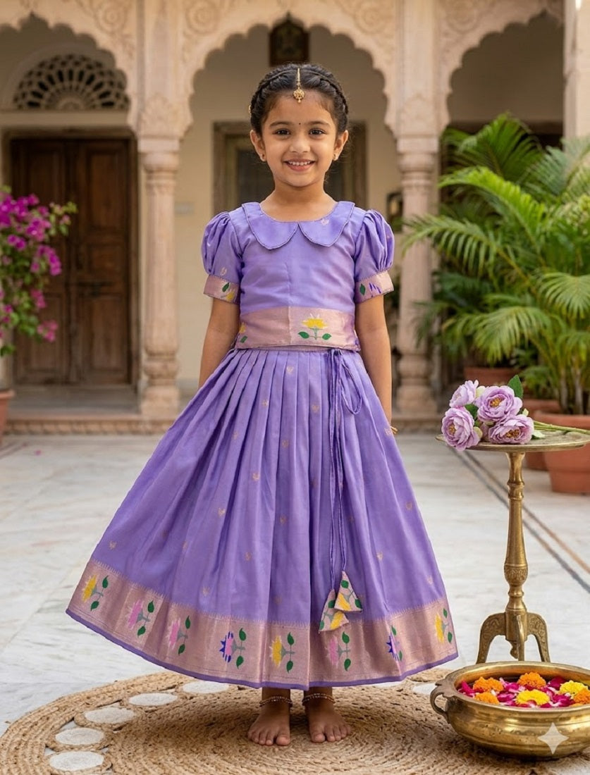 Evanik Green Soft Silk Paithani Design Zari Weaving Pavadai Lehenga Choli For Kids | Grocsy