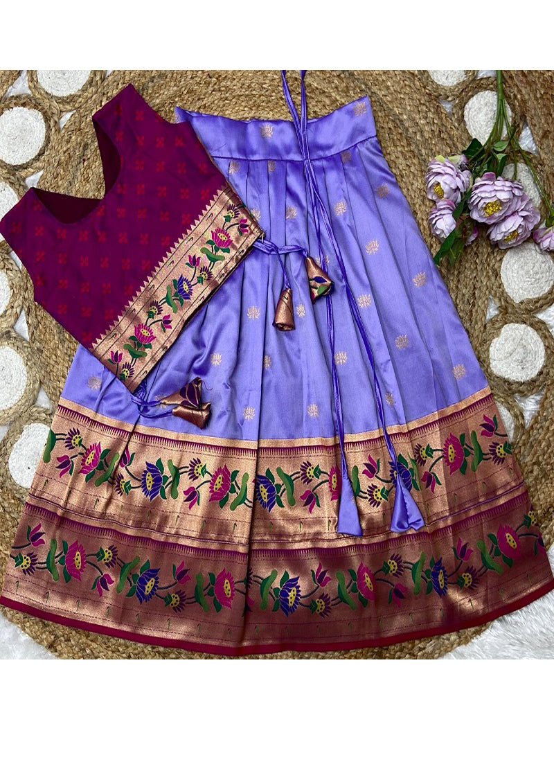 Evanik Purple Kids Paithani Silk Lotus Pattern Lehenga Choli | Grocsy