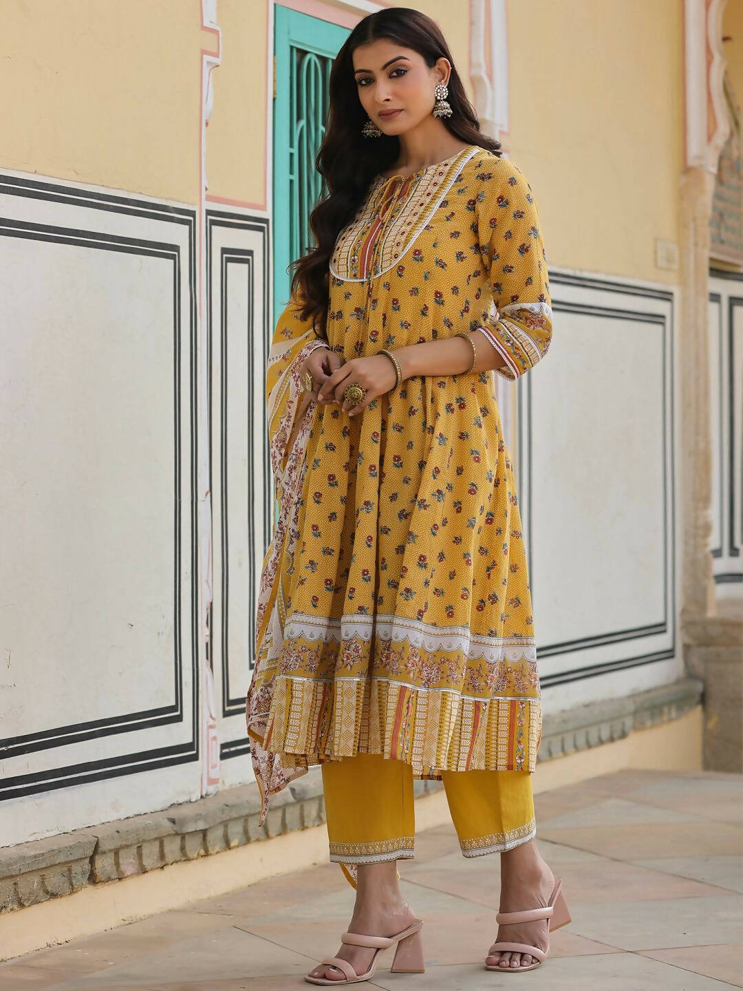 Juniper Women's Mustard Cotton Voile Floral Printed Kurta With Cambric Straight Pant And Voile Duptta | Grocsy