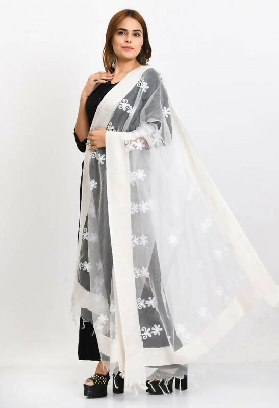 Mominos Fashion Moeza Women's Orgenza All Over Chikan Work White Dupatta | Grocsy