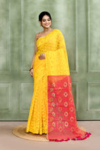 Piyari Fashion Women's Yellow Embellished Cotton Blend Jamdani Saree | Grocsy
