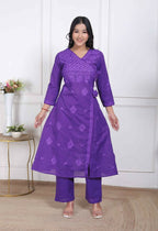 Miravan Womens Purple Floral Printed Angrakha Style Kurta With Palazzo | Grocsy