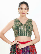 Joban Fashion Bottle Green Silk Padded Blouse With Sweetheart Neck Sleeveless | Grocsy