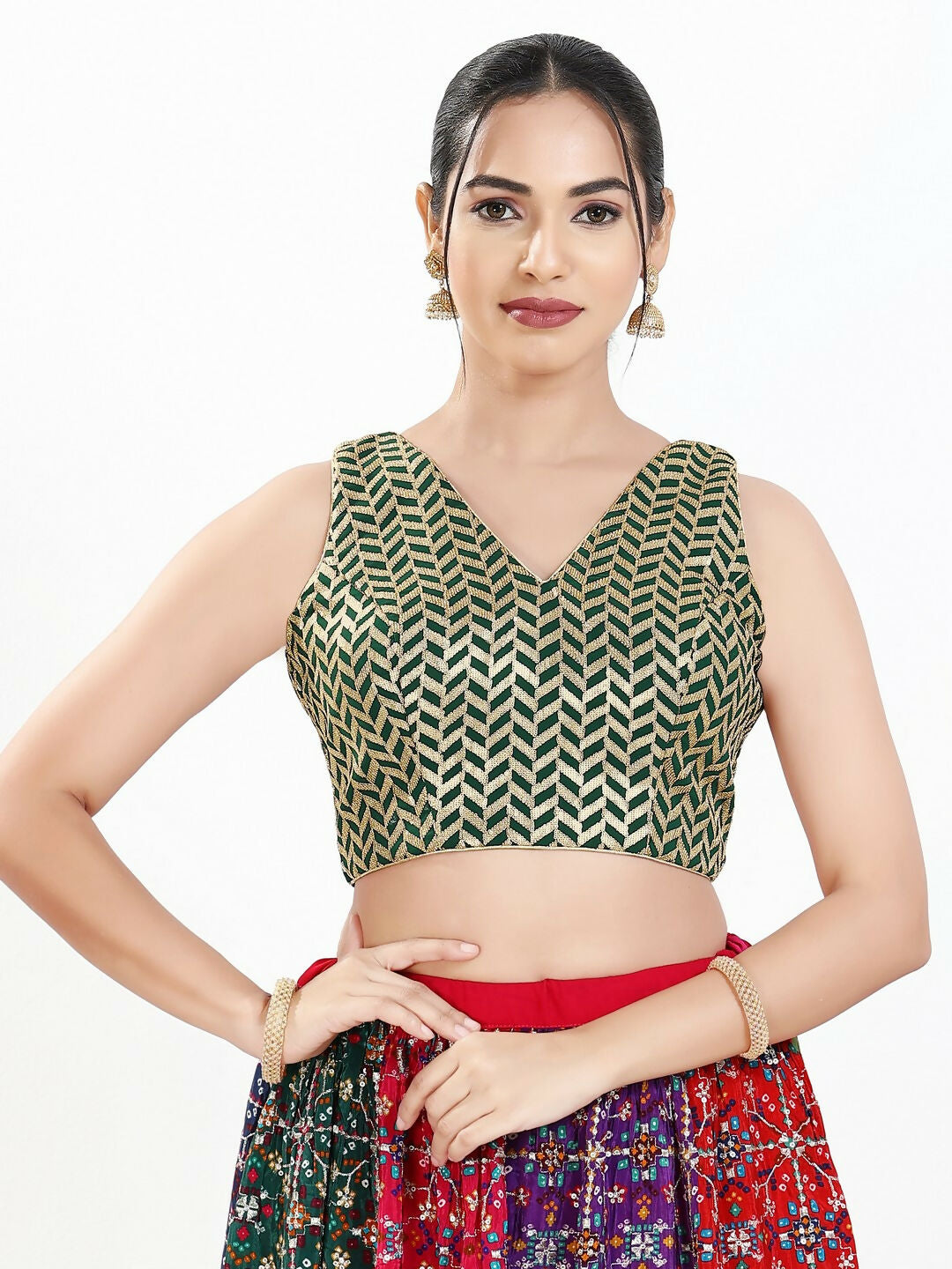 Joban Fashion Bottle Green Silk Padded Blouse With Sweetheart Neck Sleeveless | Grocsy