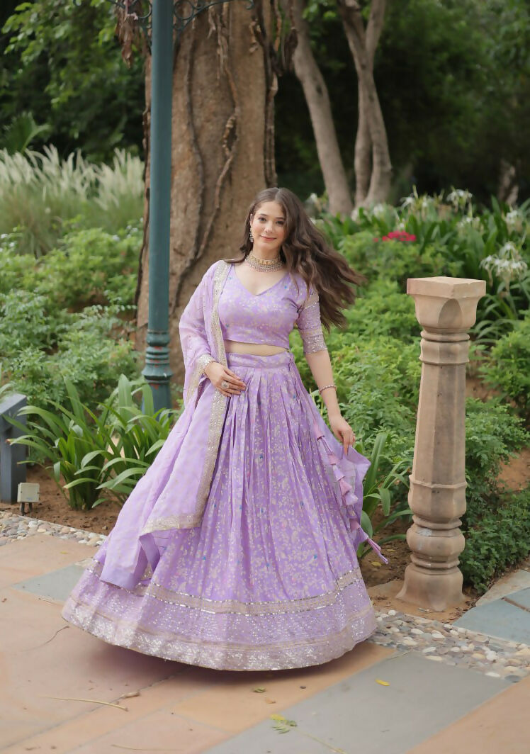 Lorenvalley Lavender Pure Viscose Jacquard with Golden Embroidered Sequins work Lehenga Choli | Grocsy