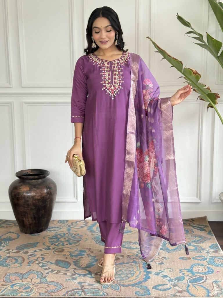 Purple Viscose chanderi Stitched Suit With Dupatta - Tanisha | Grocsy