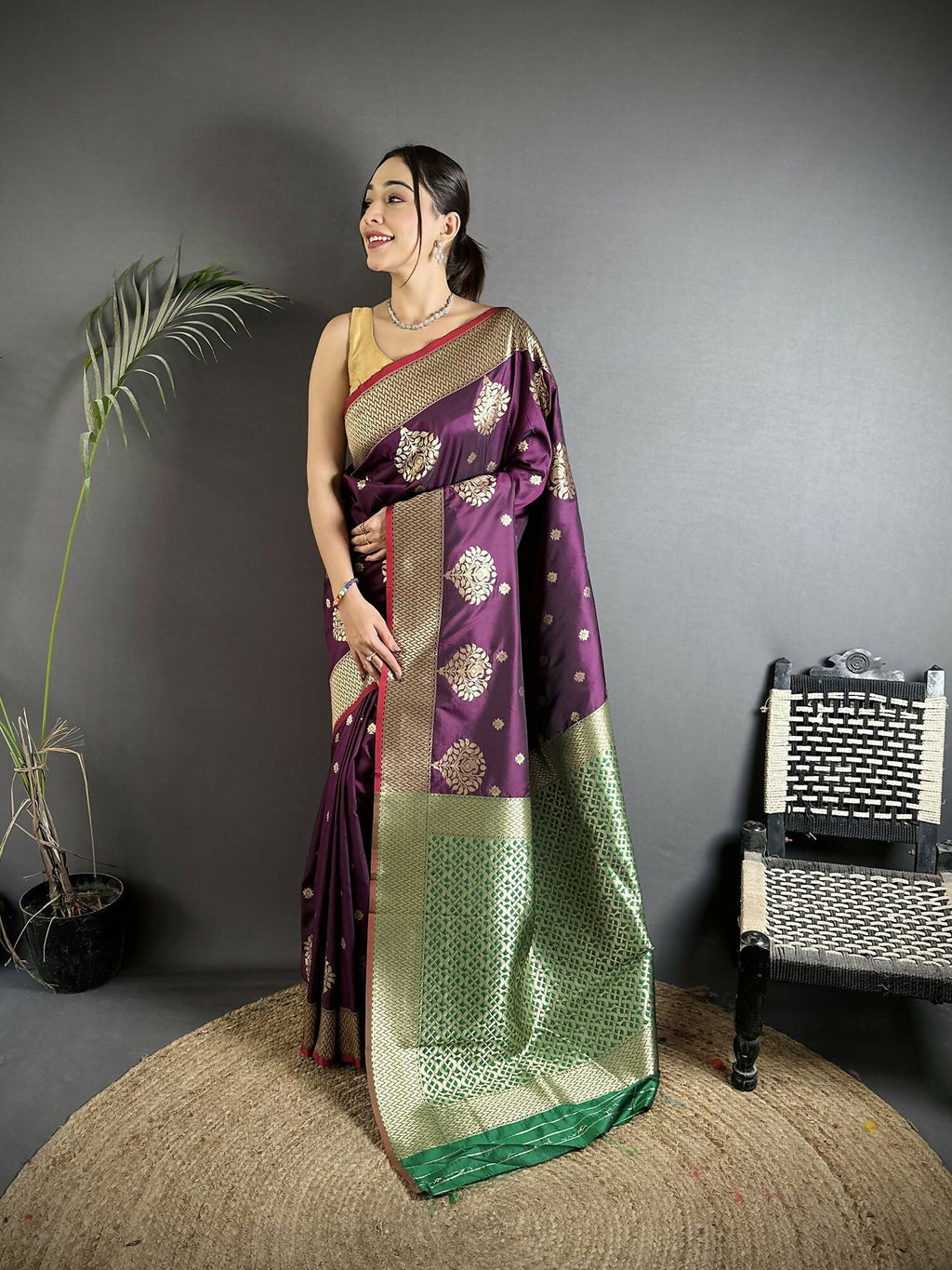 Joban Fashion Purple & Green Woven Butti Soft Silk Banarasi Silk Saree | Grocsy