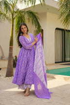 Aayaa Designer Printed Muslin Suit - Purple | Grocsy