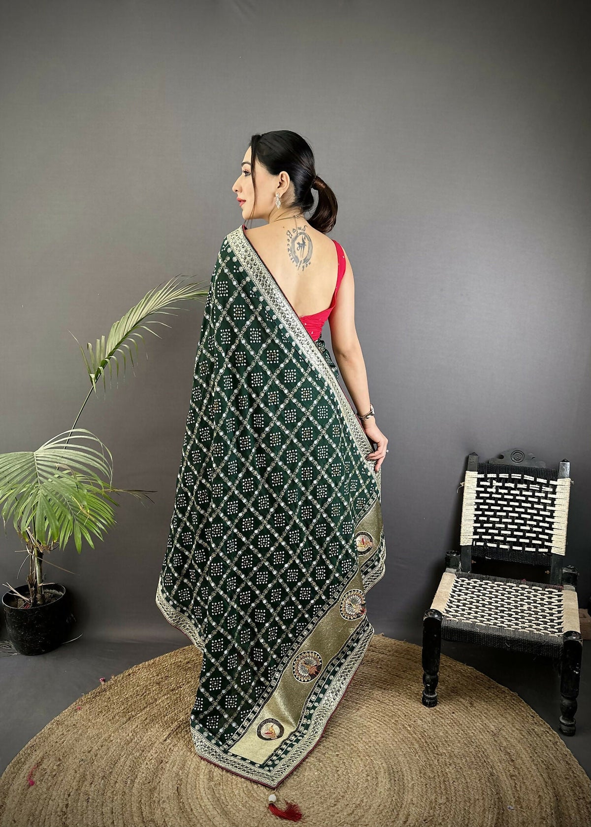 Joban Fashion Dark Green Bandhej Bandhani Vichitra Silk Bandhani Prints Saree | Grocsy