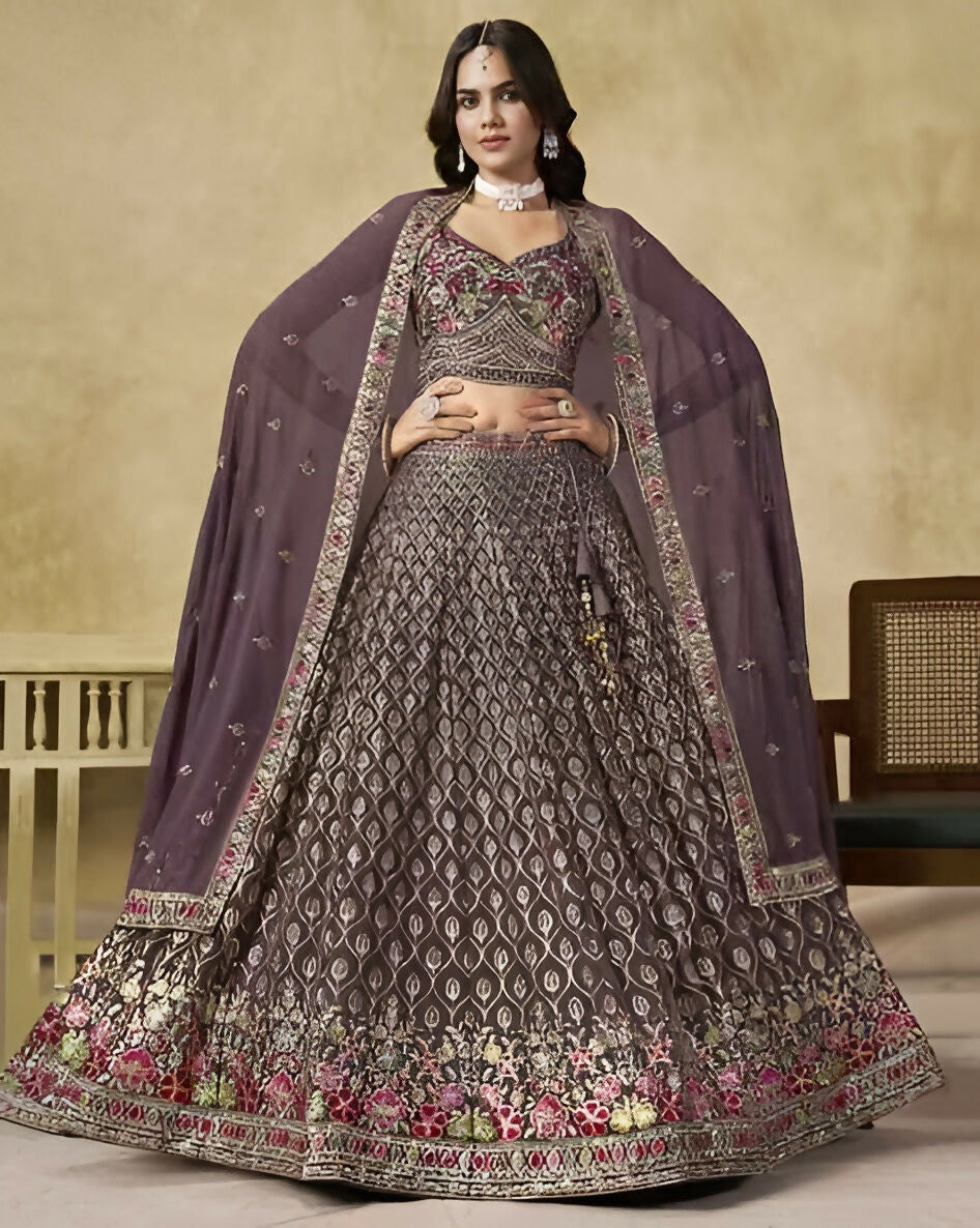 Women’s Semi-Stitched Dusty Mauve Georgette Zari Sequence Thread Embroidery Work Lehenga Choli With Georgette Dupatta-Jihu Culture | Grocsy