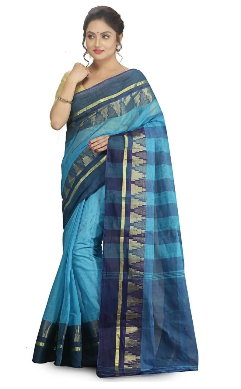 Exclusive Collection Blue 100% Pure Cotton Tant Saree | Grocsy
