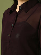 Myshka Women's Coffee Brown Solid Georgette Longline Party Sheer Tunic | Grocsy