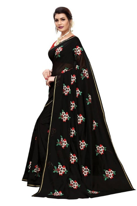 Vamika Chanderi Cotton Embroidery Black Saree (Mogra Black) | Grocsy