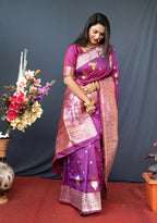 Jyoti Fashion Women's Purple Paithani Silk Zari Woven Saree with Blouse | Grocsy
