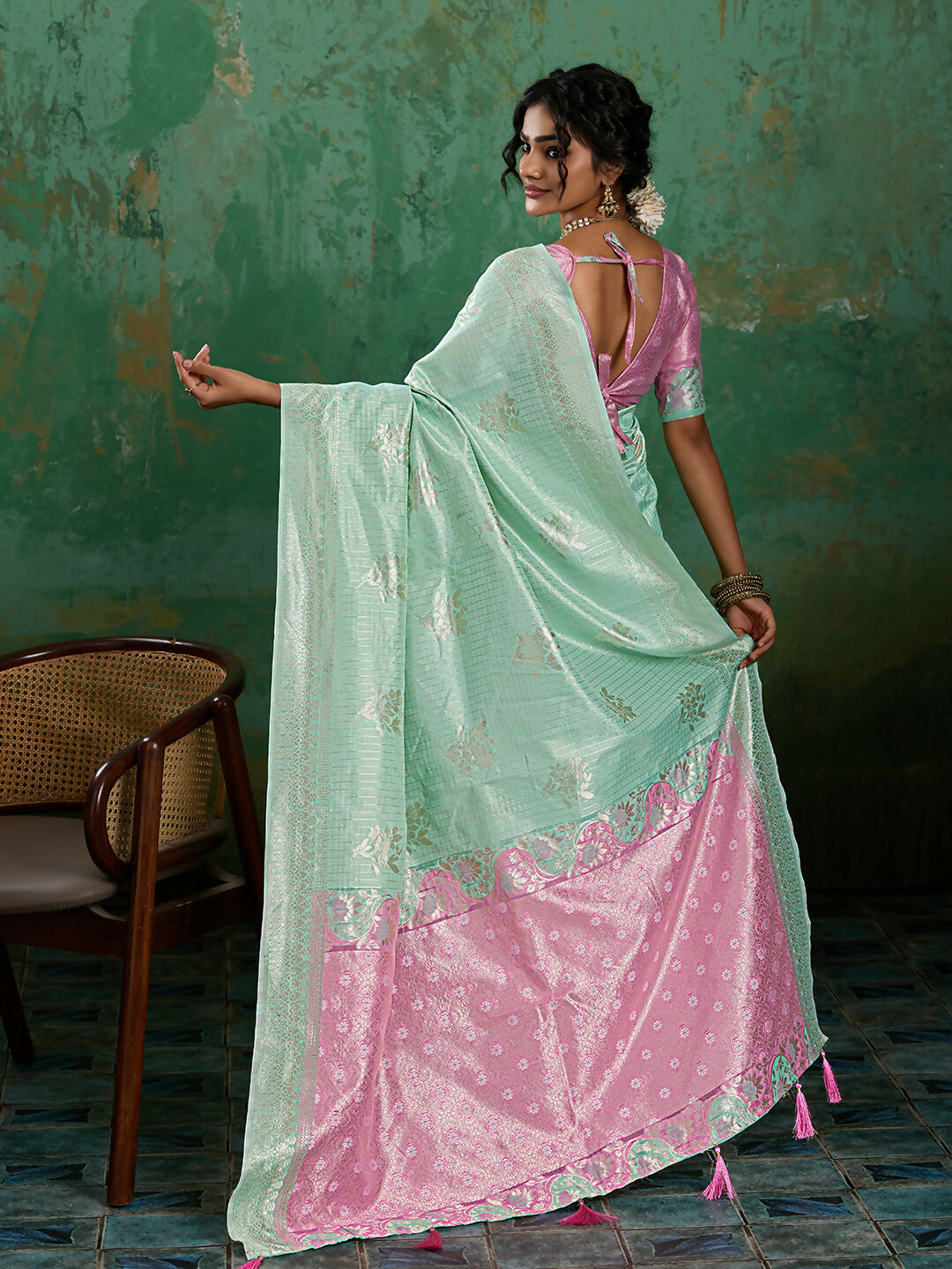Shree Shyam Fashion Rama Green Linen Cotton Saree | Grocsy