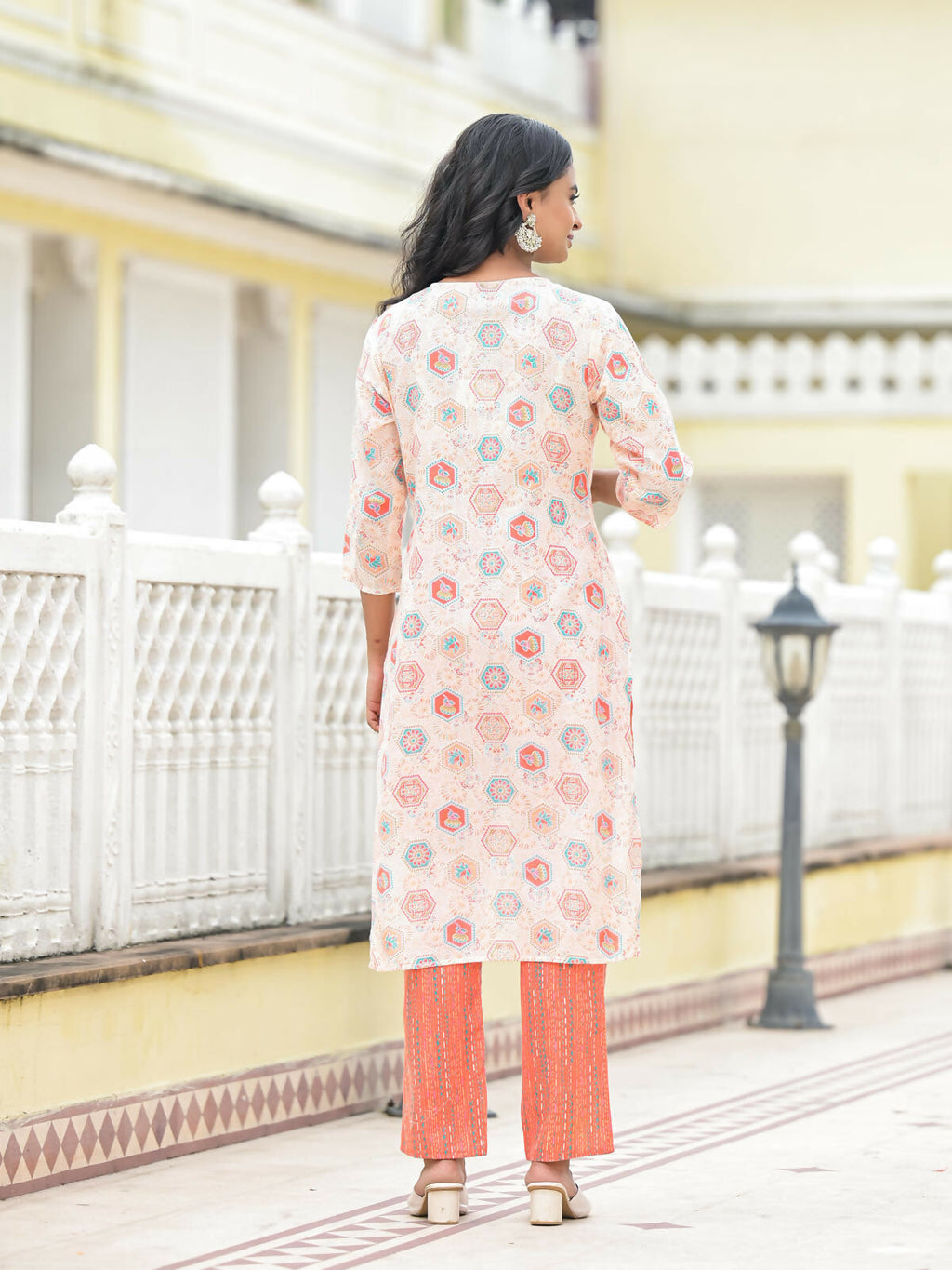Juniper Women's Peach Floral Printed Cotton Kurta Pant With Dupatta Set With Sequins & Thread Work | Grocsy