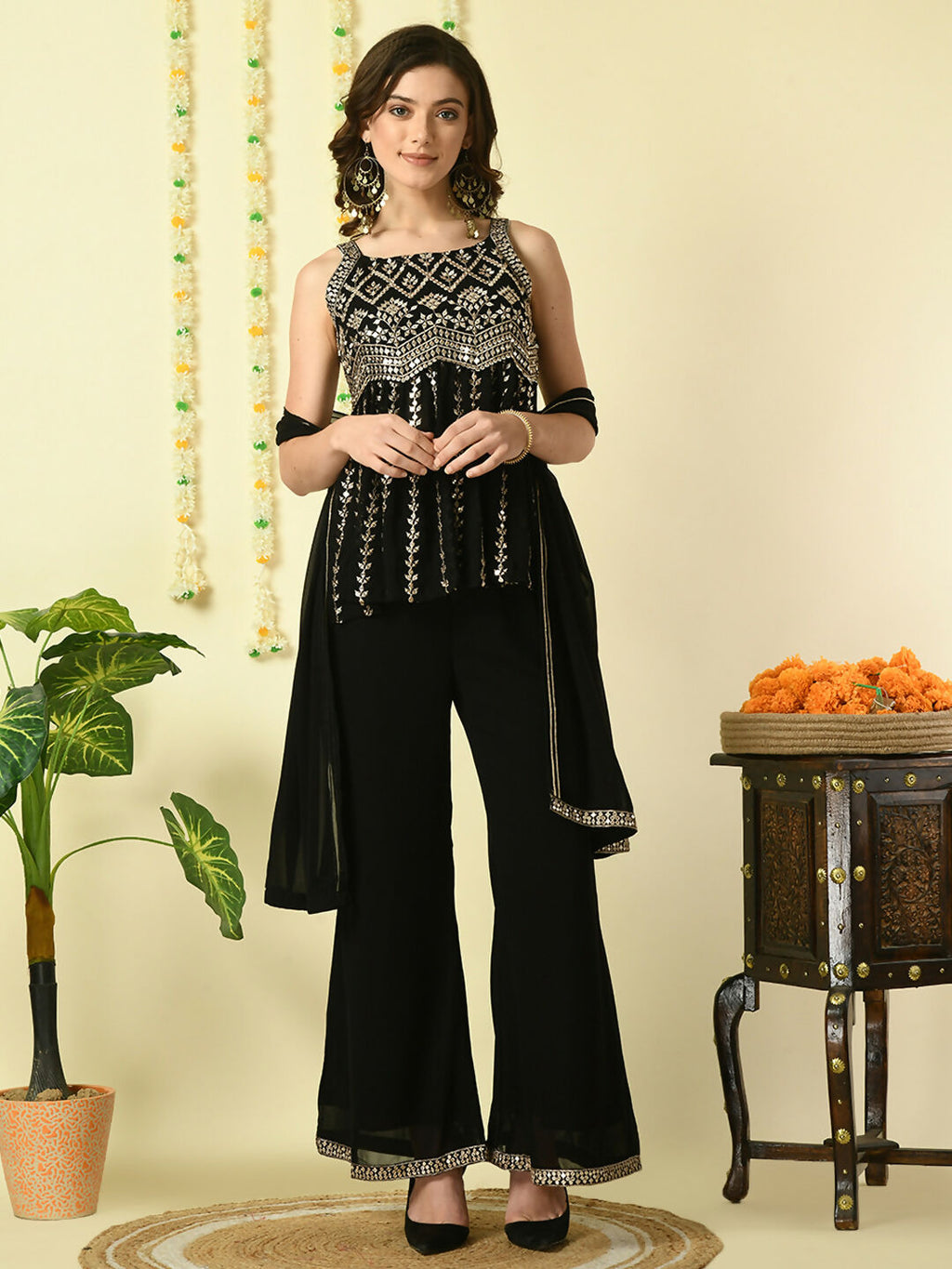 Myshka Women's Black Georgette Top & Palazzos With Dupatta Party Sets | Grocsy