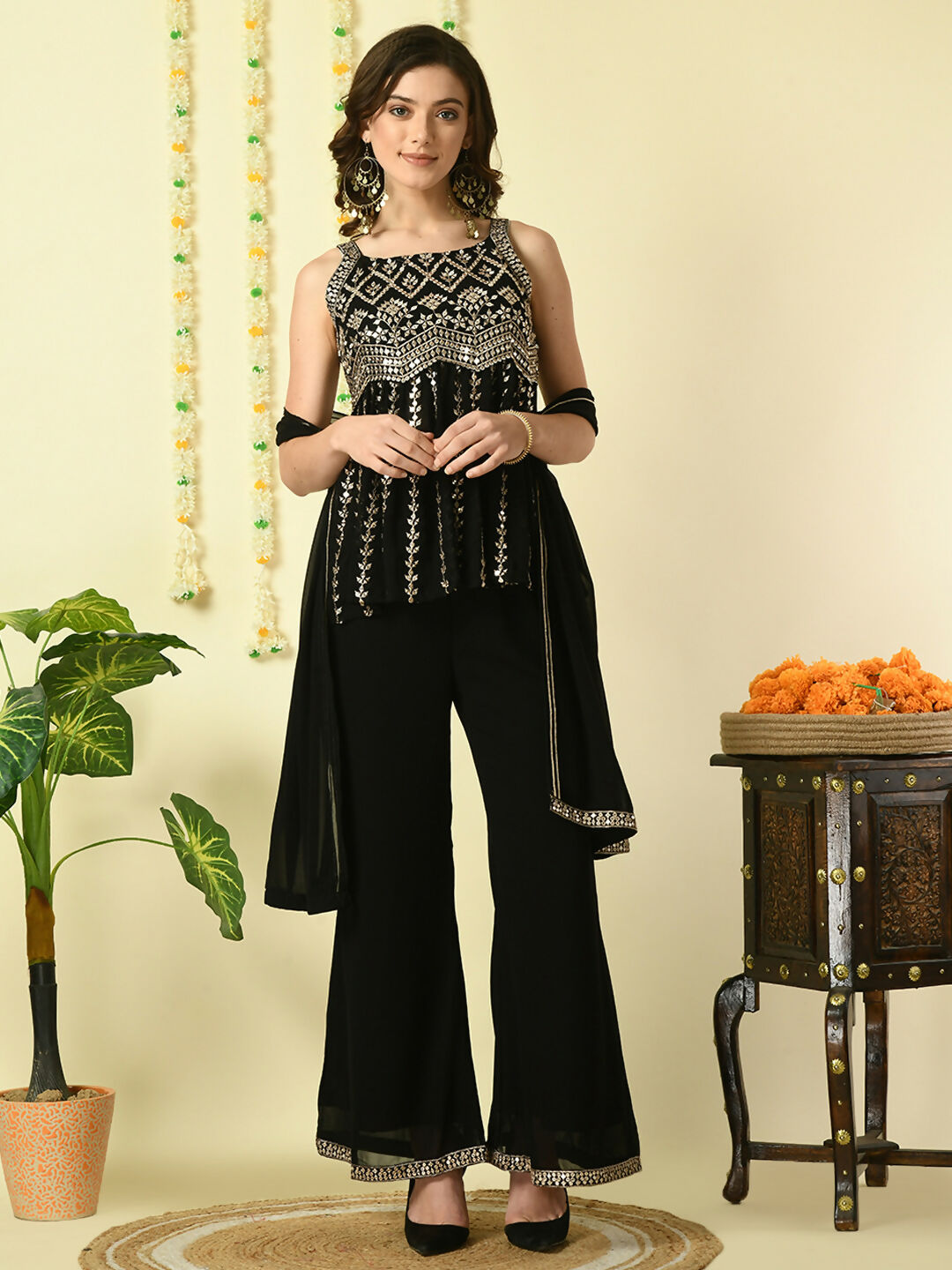 Myshka Women's Black Georgette Top & Palazzos With Dupatta Party Sets | Grocsy