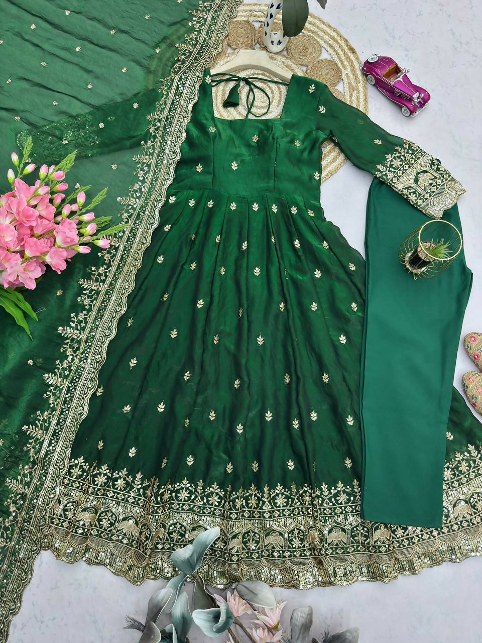Teeya Creation Green Fendi Silk Designer Heavy Work Wedding Wear Long Gown | Grocsy
