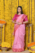 Very Much Indian Rajsi - Handloom Ari Checks Cotton Silk Saree With Golden Border - Pink | Grocsy