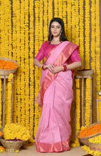 Very Much Indian Rajsi - Handloom Ari Checks Cotton Silk Saree With Golden Border - Pink | Grocsy