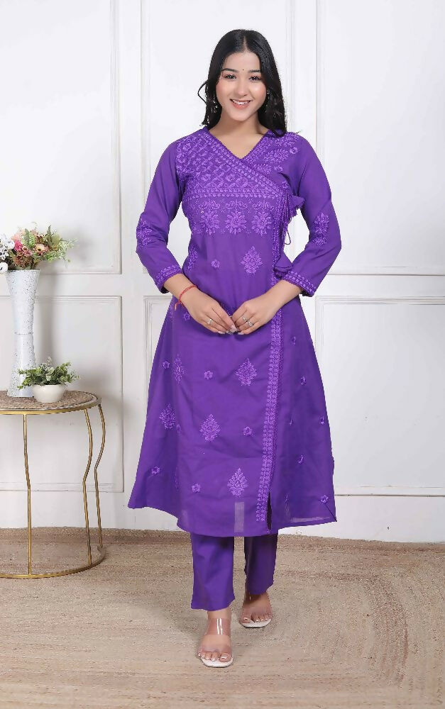 Miravan Womens Purple Floral Printed Angrakha Style Kurta With Palazzo | Grocsy