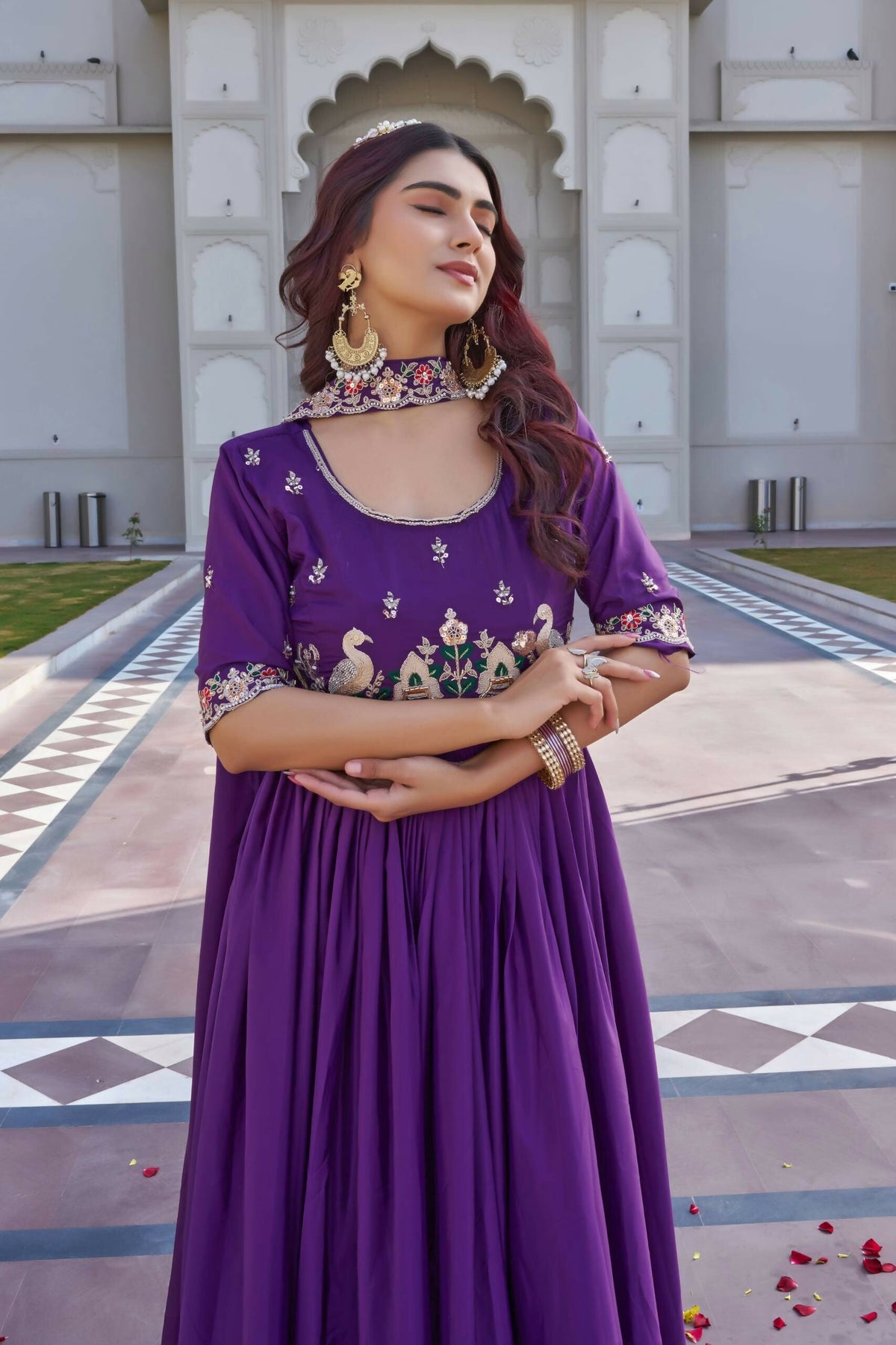 Teeya Creation Womens New Trendy Heavy Cording Sequence & Beads Embroidery Work Purple Gown Set | Grocsy