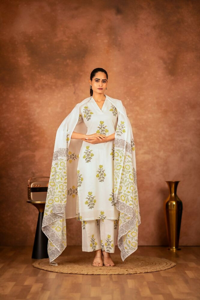 Joban Fashion Off White Yellow Hand Block Printed Cotton Suit Set | Grocsy