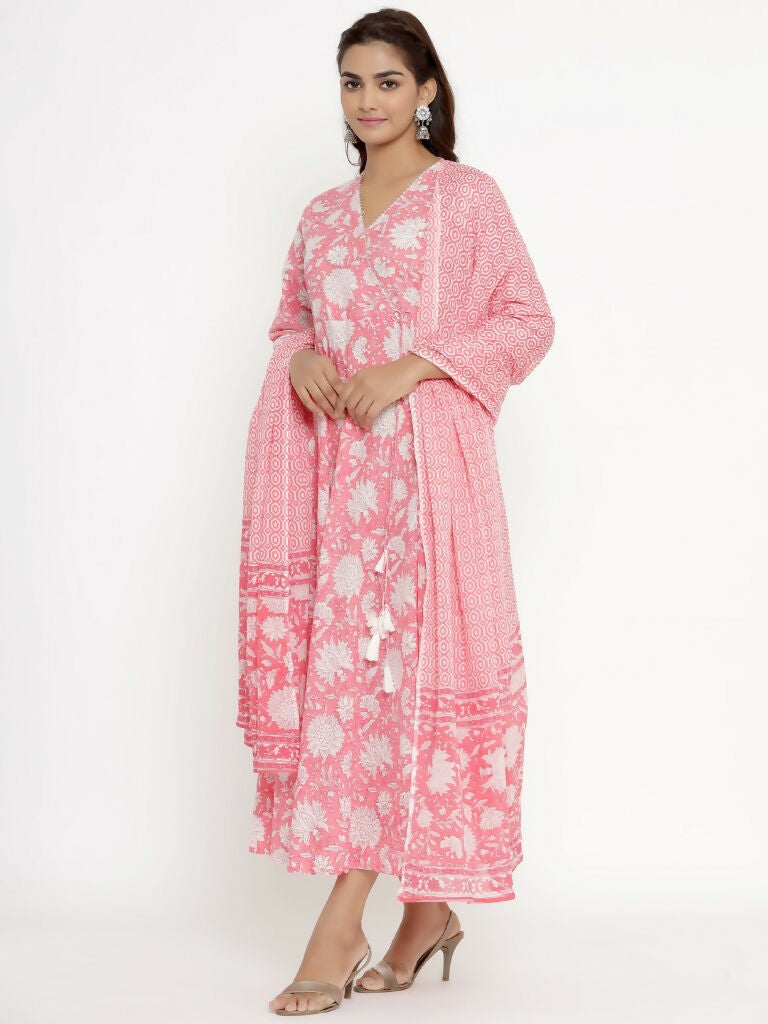 Miravan Women's Cotton Floral Print Anarkali Kurta With Dupatta | Grocsy