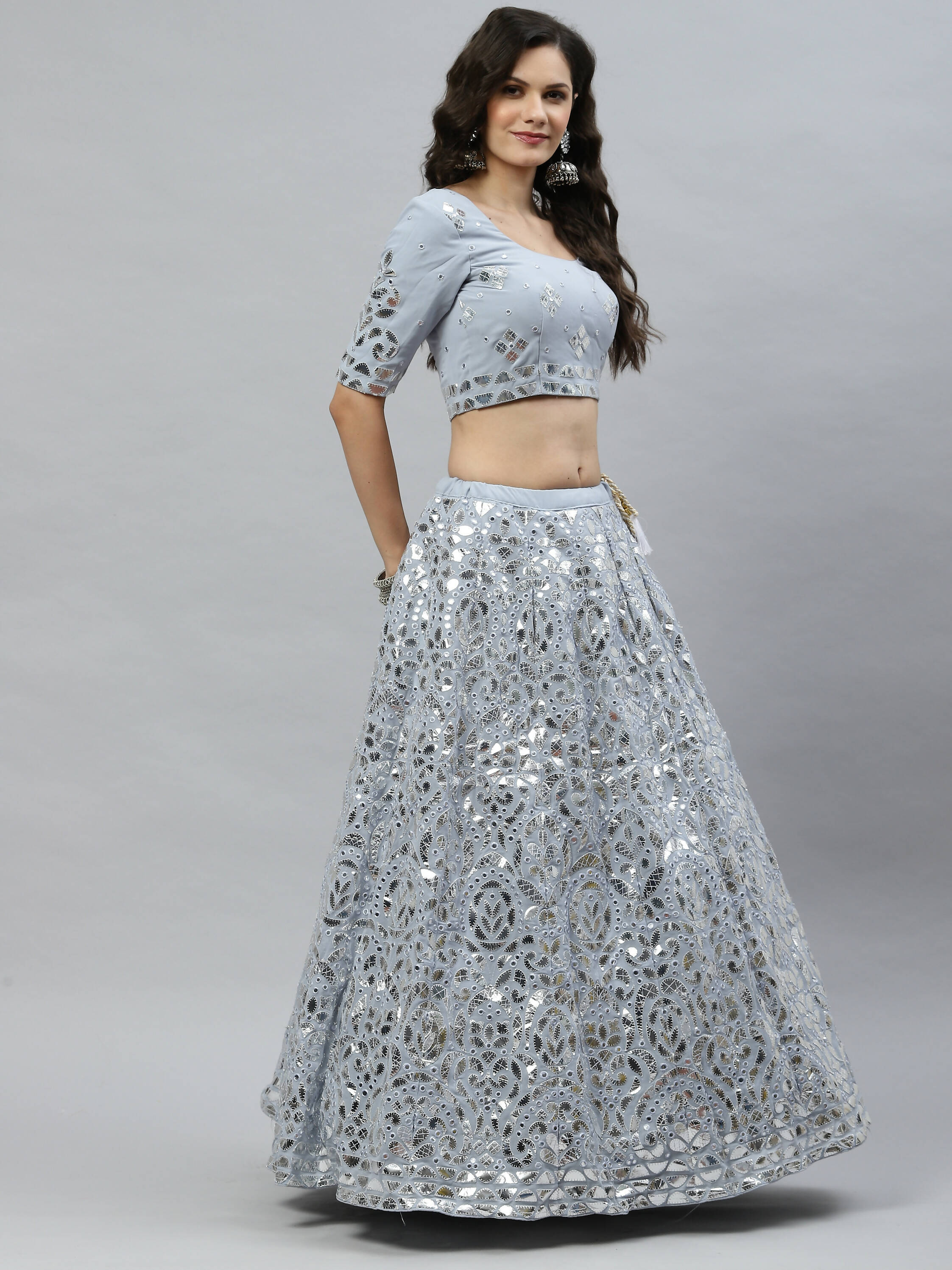 Sky Blue Georgette Paper Mirror Embroidery Work Lehenga Choli with Dupatta - Jivika | Grocsy