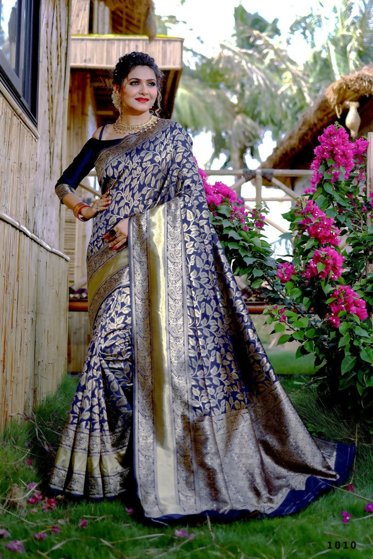 Partywear Designer Blue Banarasi Silk Fancy Saree - Starwalk | Grocsy