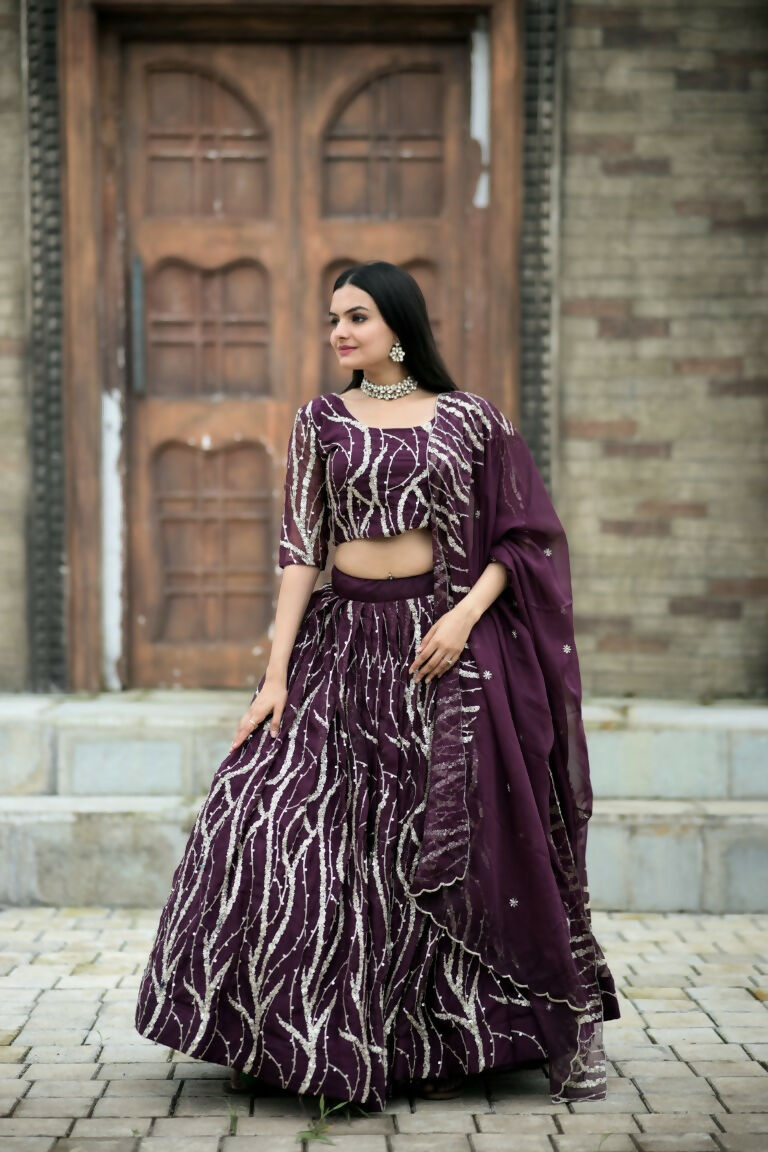 Vastranavya Enchanting Designer Tebby-Silk Lehenga Choli With Dupatta Set - Wine | Grocsy