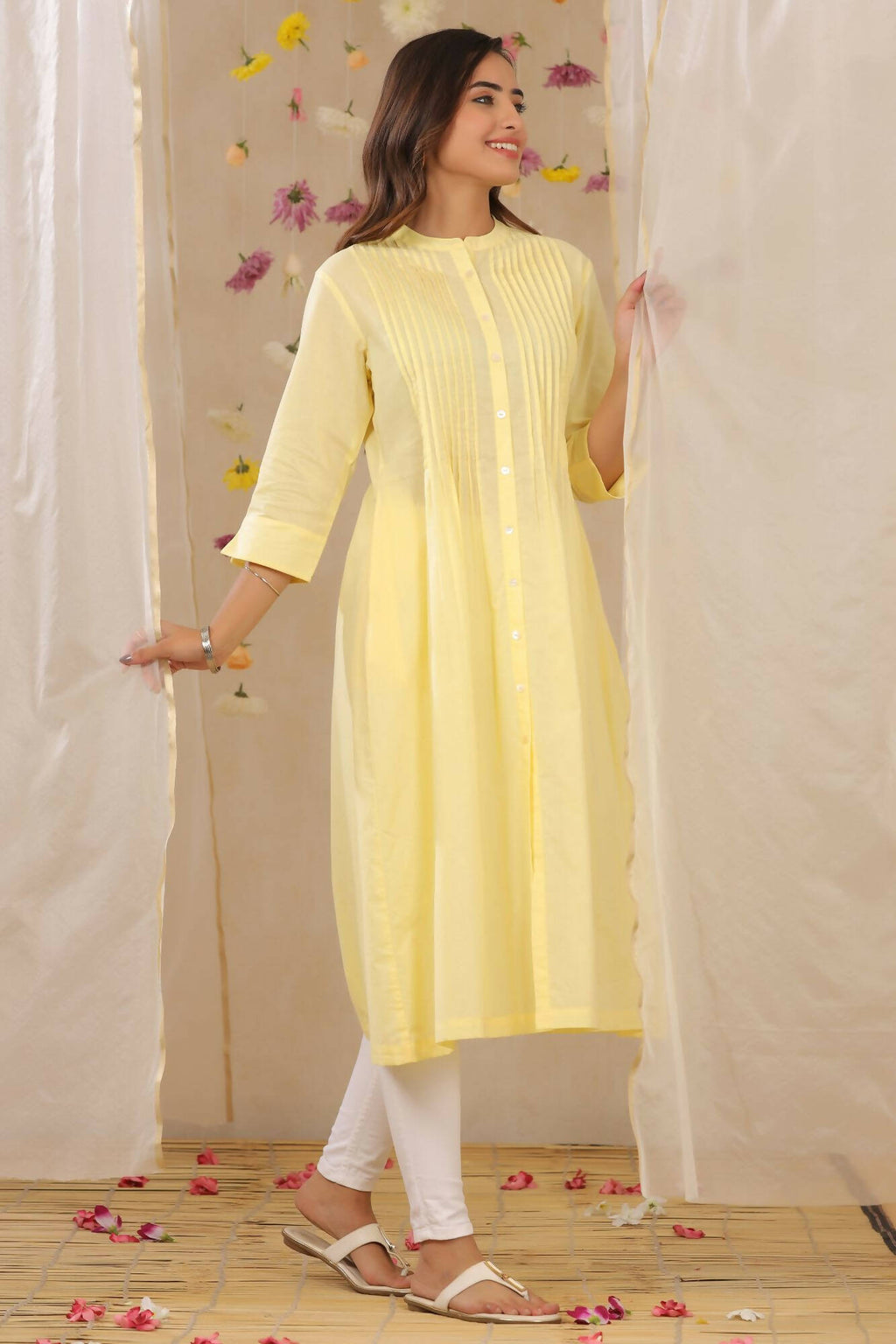 Juniper Women Limeyellow Cambric Solid A-Line Kurta | Grocsy