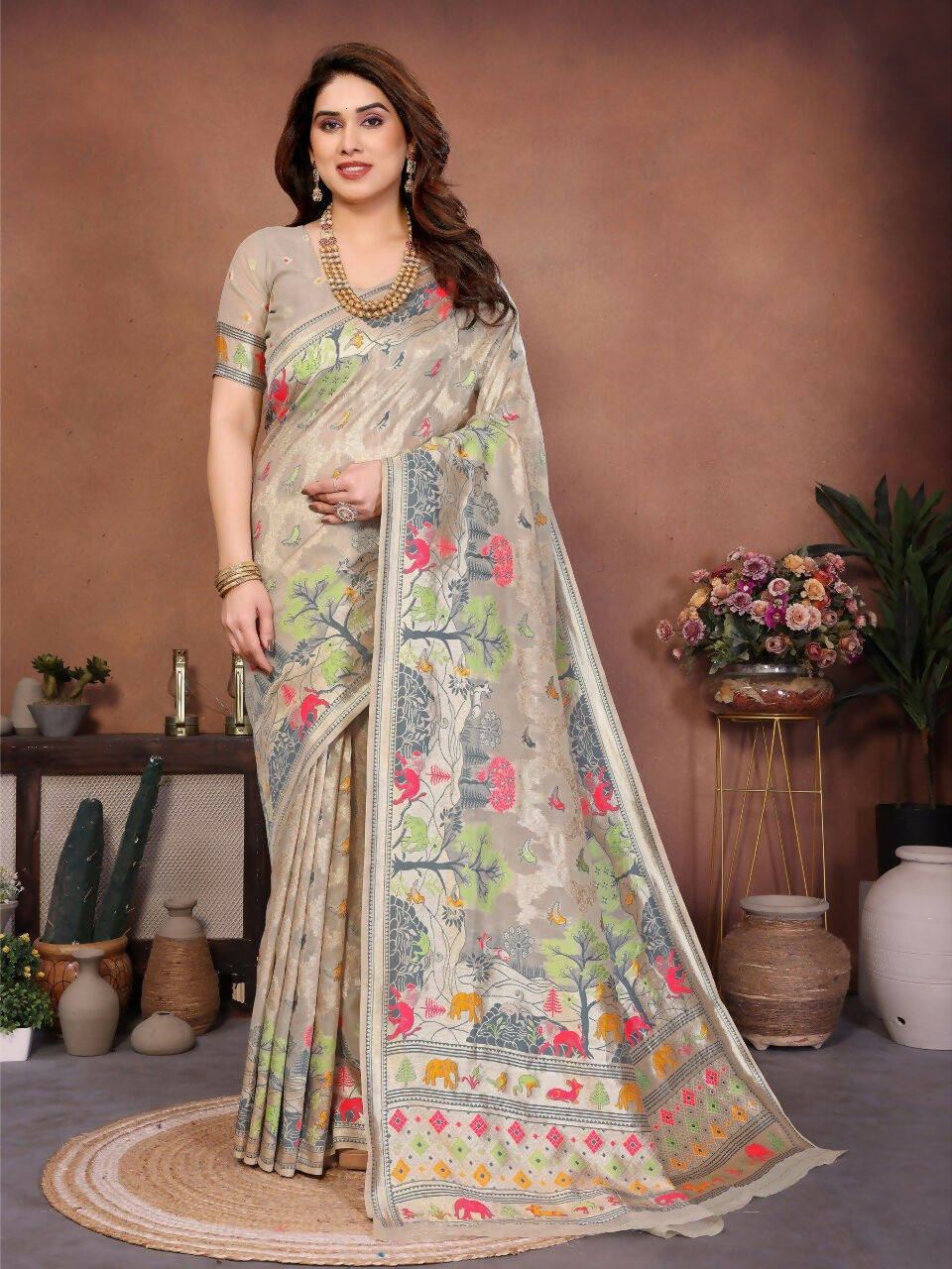 Teeya Creation New Latest Trendy Wedding Wear Pashmina Silk Saree-Cream | Grocsy