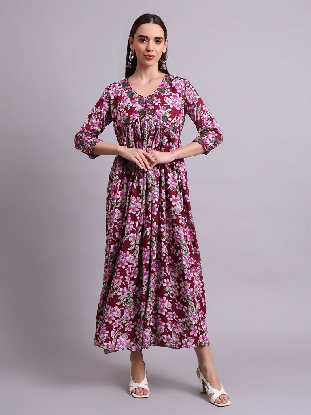Joban Fashion Purple Cotton Floral Printed & Embroidery Work Anarkali Dress With Dupatta Set | Grocsy