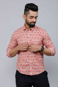Miravan Men's Peach Spread Collar Floral Print Casual Shirt | Grocsy