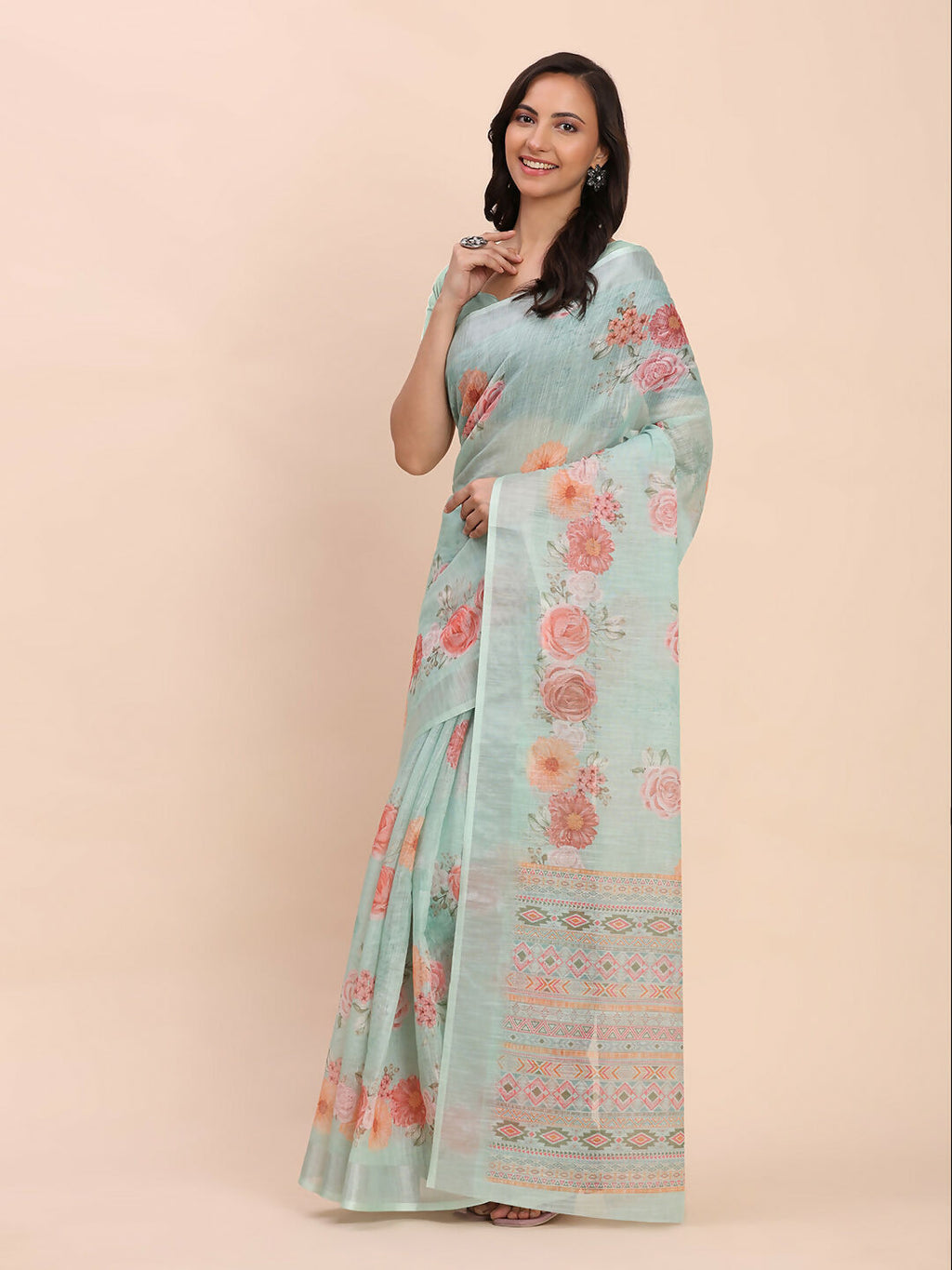 Shree Shyam Fashion Linen Cotton Sea Green Saree | Grocsy